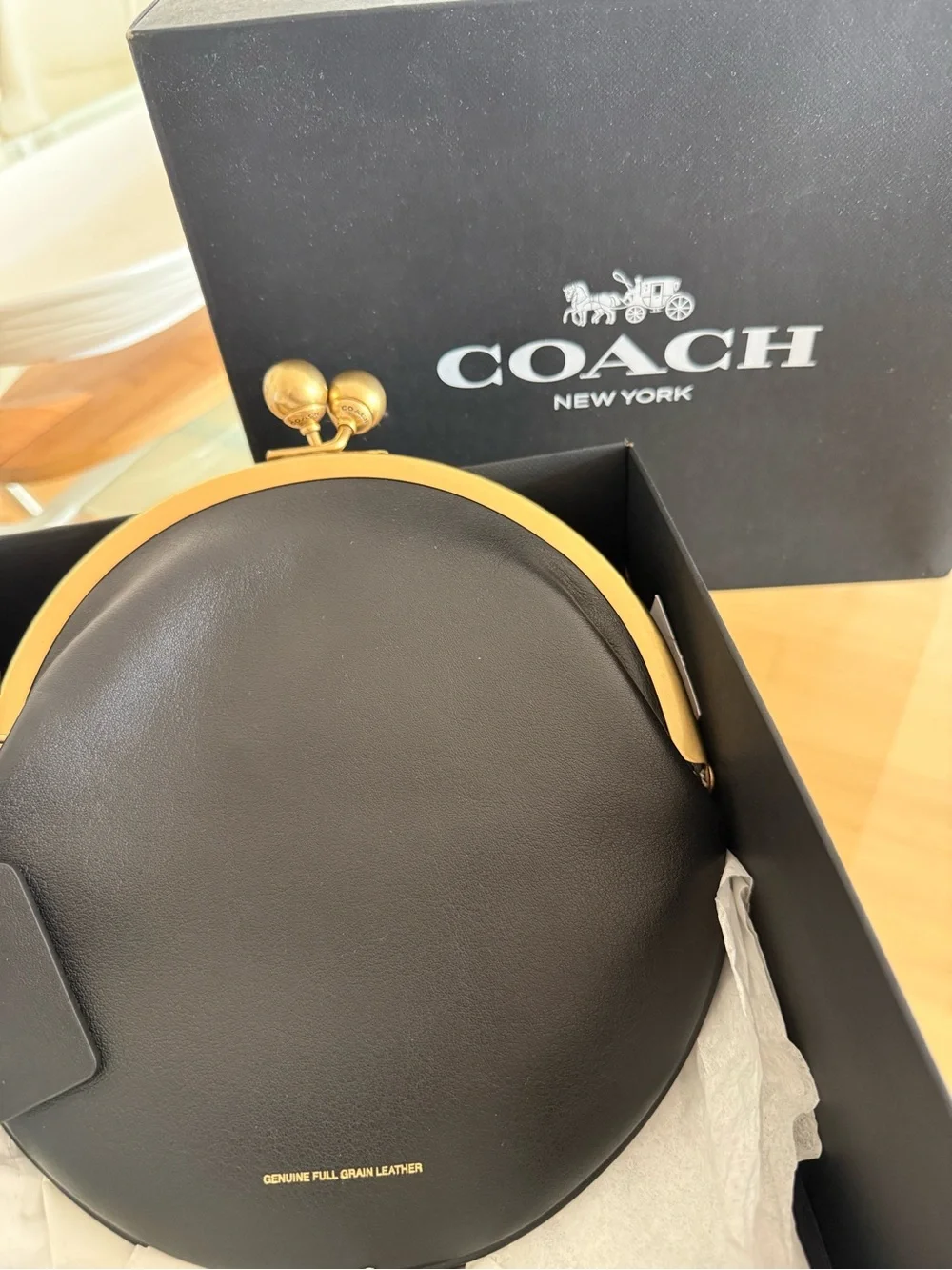 Coach Black Leather Round Kiss-Lock Wristlet with Gold Frame
